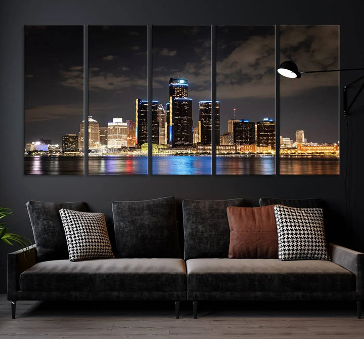 The "Detroit City Lights Night Skyline Cityscape View" wall art on museum-quality canvas is the centerpiece of this living room. This artwork includes a UV-protective coating to ensure its vibrant appearance lasts for years.