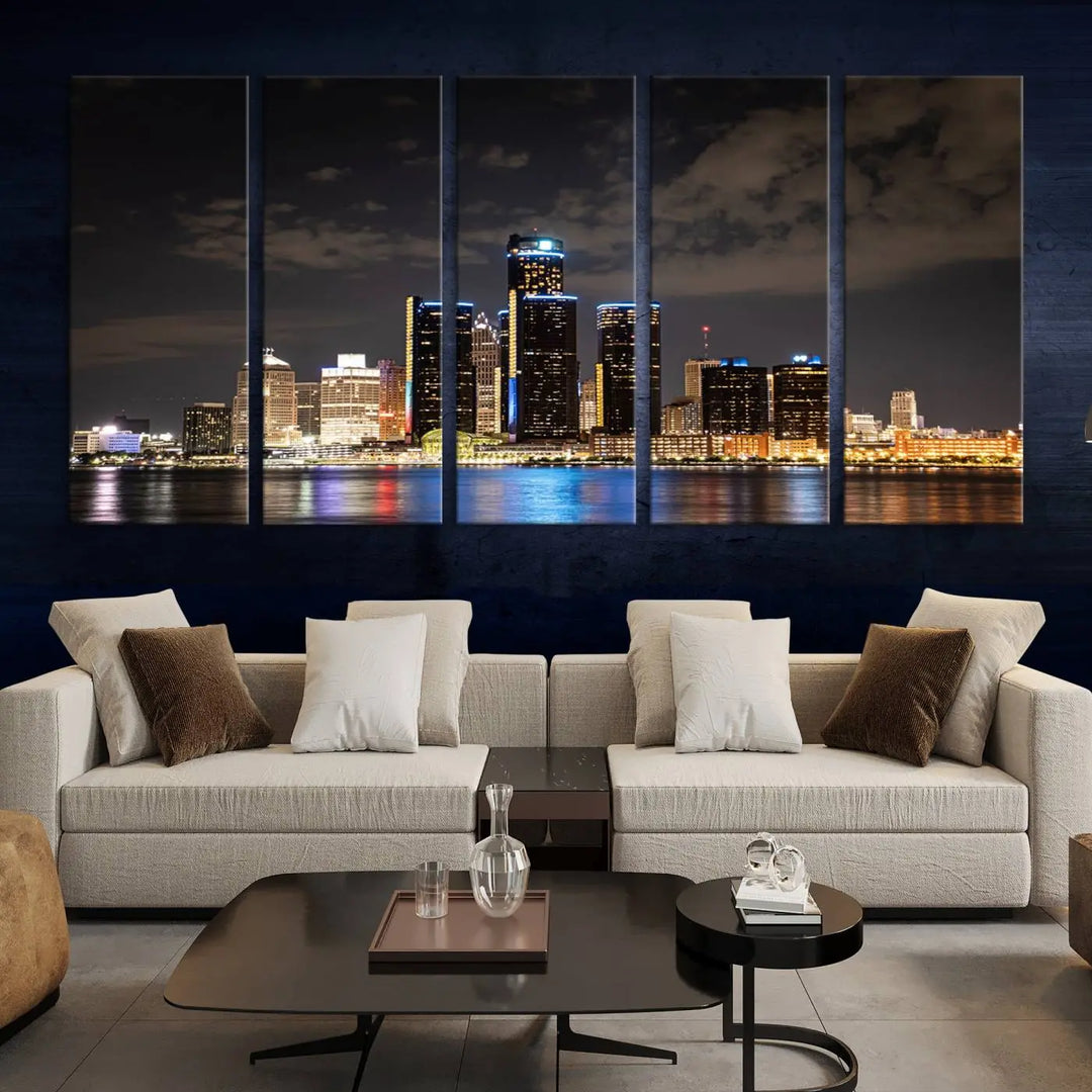 The "Detroit City Lights Night Skyline Cityscape View" wall art on museum-quality canvas is the centerpiece of this living room. This artwork includes a UV-protective coating to ensure its vibrant appearance lasts for years.