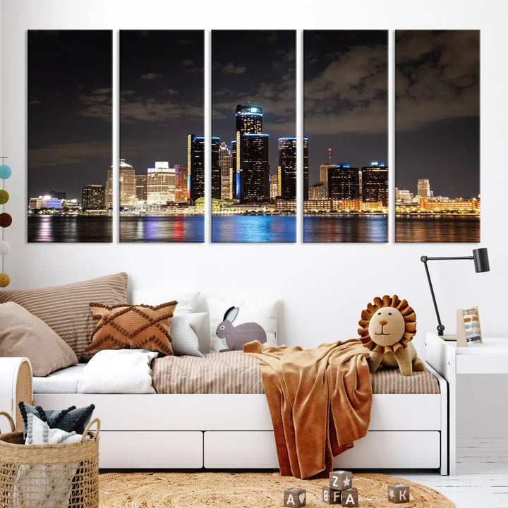 The "Detroit City Lights Night Skyline Cityscape View" wall art on museum-quality canvas is the centerpiece of this living room. This artwork includes a UV-protective coating to ensure its vibrant appearance lasts for years.