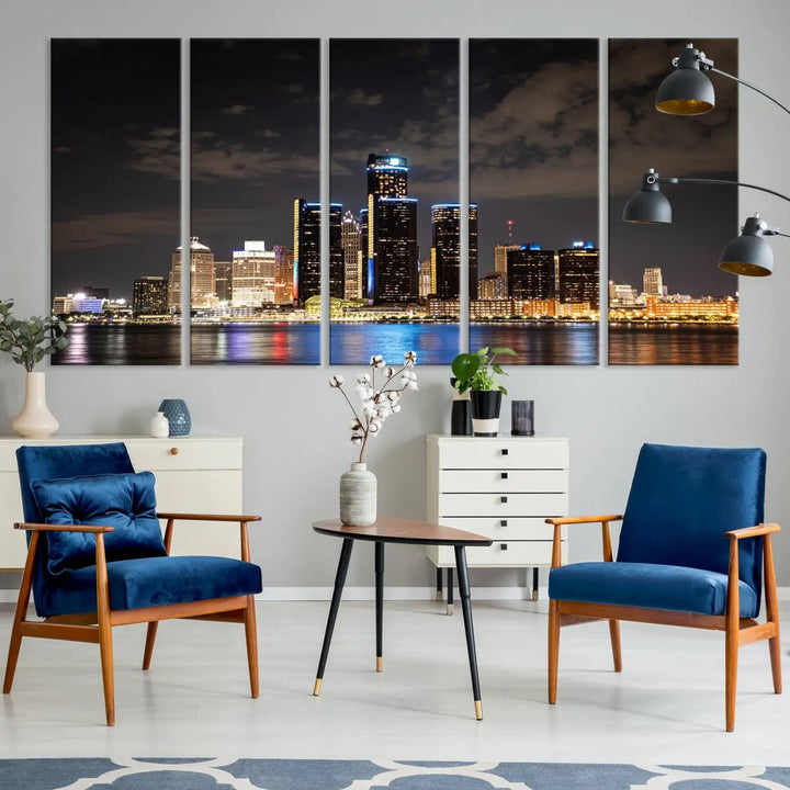 The "Detroit City Lights Night Skyline Cityscape View" wall art on museum-quality canvas is the centerpiece of this living room. This artwork includes a UV-protective coating to ensure its vibrant appearance lasts for years.