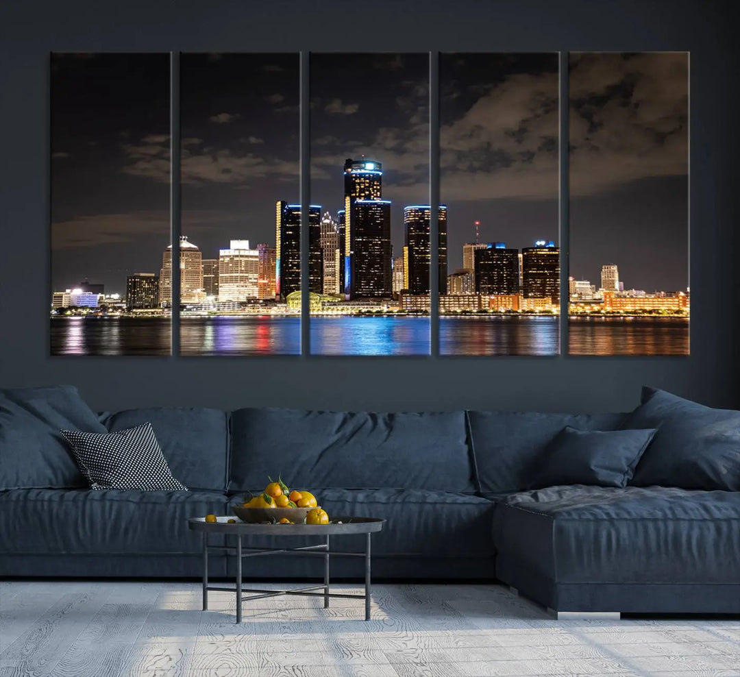 The "Detroit City Lights Night Skyline Cityscape View" wall art on museum-quality canvas is the centerpiece of this living room. This artwork includes a UV-protective coating to ensure its vibrant appearance lasts for years.