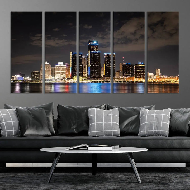 The "Detroit City Lights Night Skyline Cityscape View" wall art on museum-quality canvas is the centerpiece of this living room. This artwork includes a UV-protective coating to ensure its vibrant appearance lasts for years.