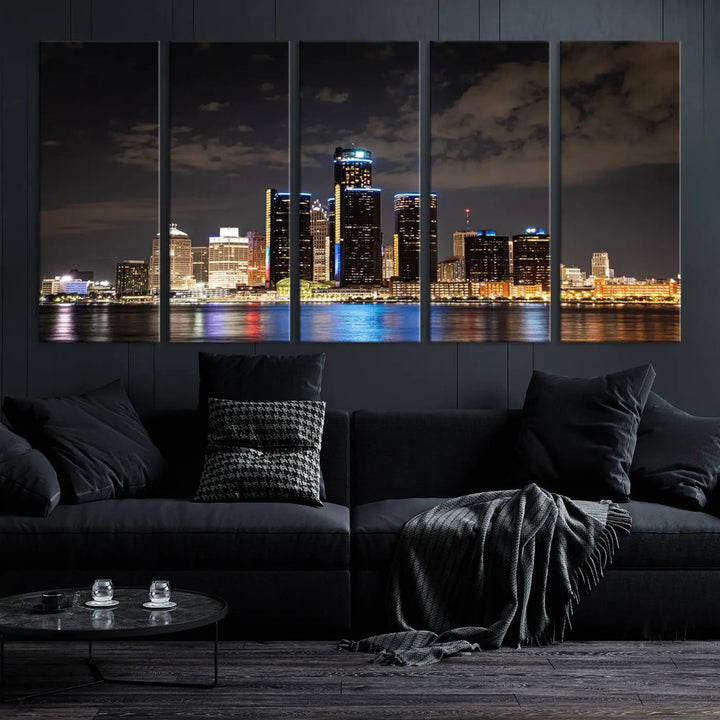 The "Detroit City Lights Night Skyline Cityscape View" wall art on museum-quality canvas is the centerpiece of this living room. This artwork includes a UV-protective coating to ensure its vibrant appearance lasts for years.