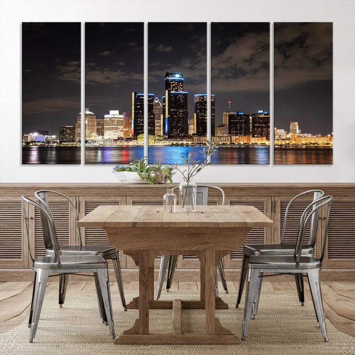 The "Detroit City Lights Night Skyline Cityscape View" wall art on museum-quality canvas is the centerpiece of this living room. This artwork includes a UV-protective coating to ensure its vibrant appearance lasts for years.