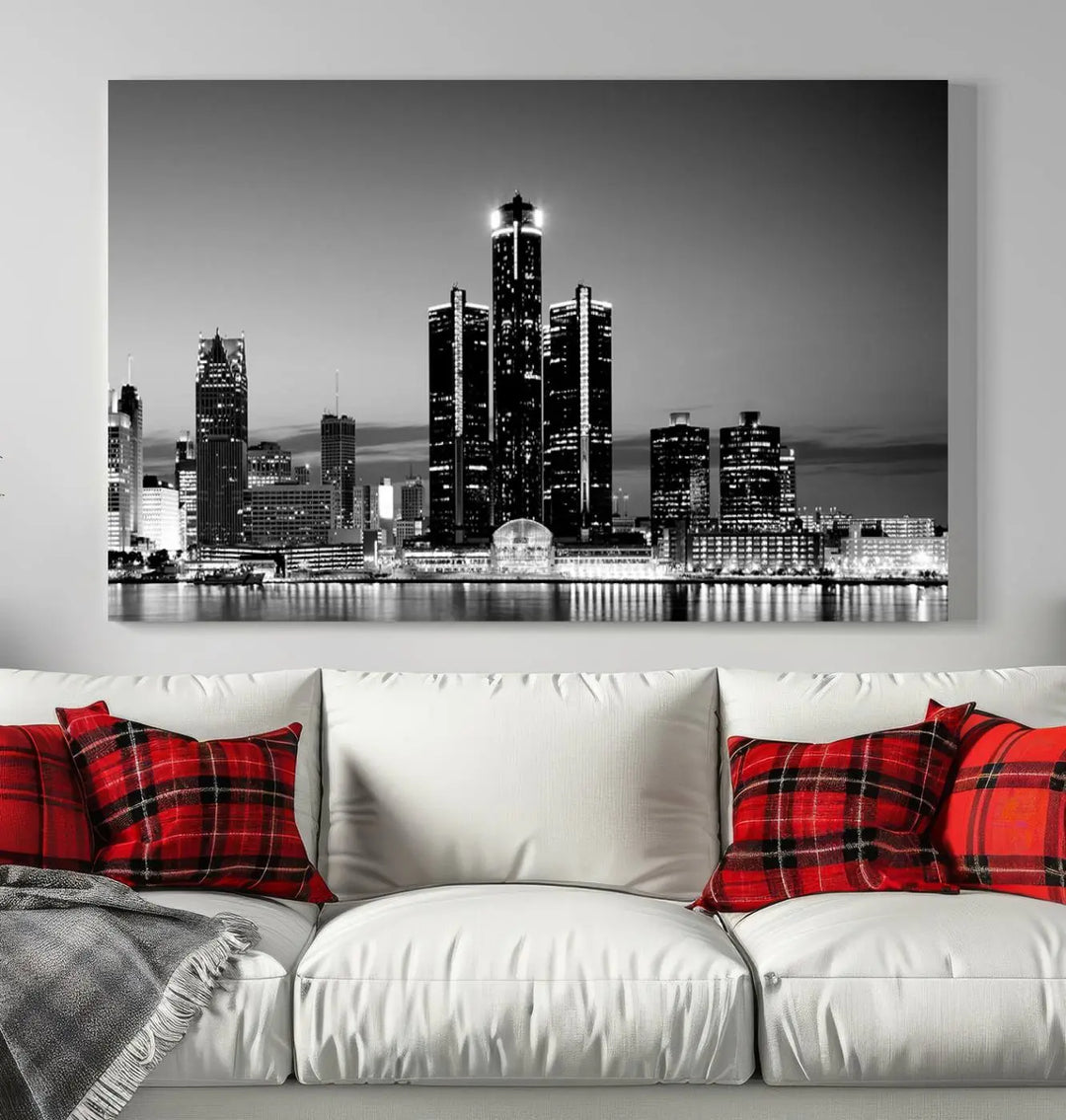 A modern living room showcases the Detroit City Lights Skyline Black and White Wall Art Cityscape Canvas Print on the wall, featuring museum-quality canvases crafted by professional artisans.