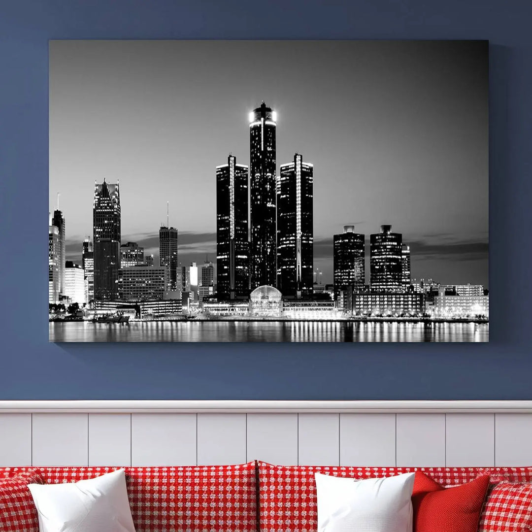 A modern living room showcases the Detroit City Lights Skyline Black and White Wall Art Cityscape Canvas Print on the wall, featuring museum-quality canvases crafted by professional artisans.