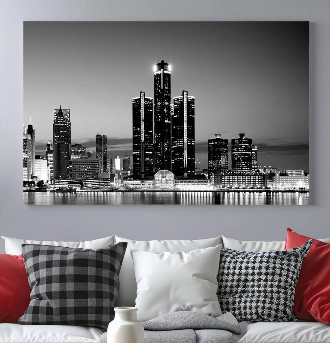 A modern living room showcases the Detroit City Lights Skyline Black and White Wall Art Cityscape Canvas Print on the wall, featuring museum-quality canvases crafted by professional artisans.