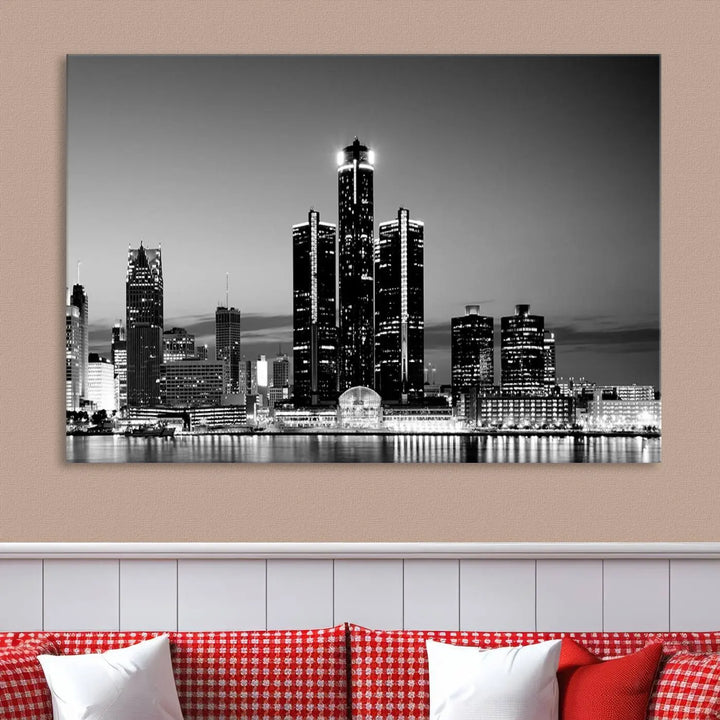 A modern living room showcases the Detroit City Lights Skyline Black and White Wall Art Cityscape Canvas Print on the wall, featuring museum-quality canvases crafted by professional artisans.