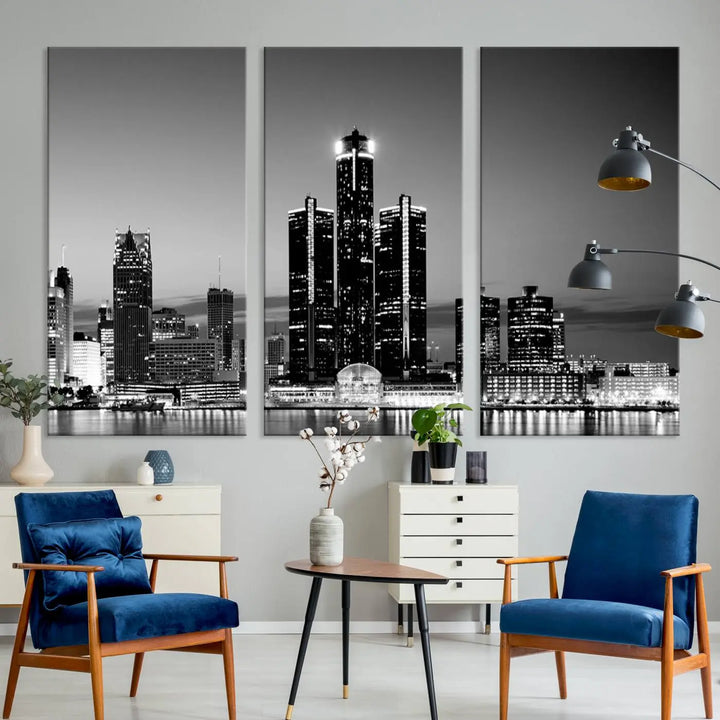 A modern living room showcases the Detroit City Lights Skyline Black and White Wall Art Cityscape Canvas Print on the wall, featuring museum-quality canvases crafted by professional artisans.