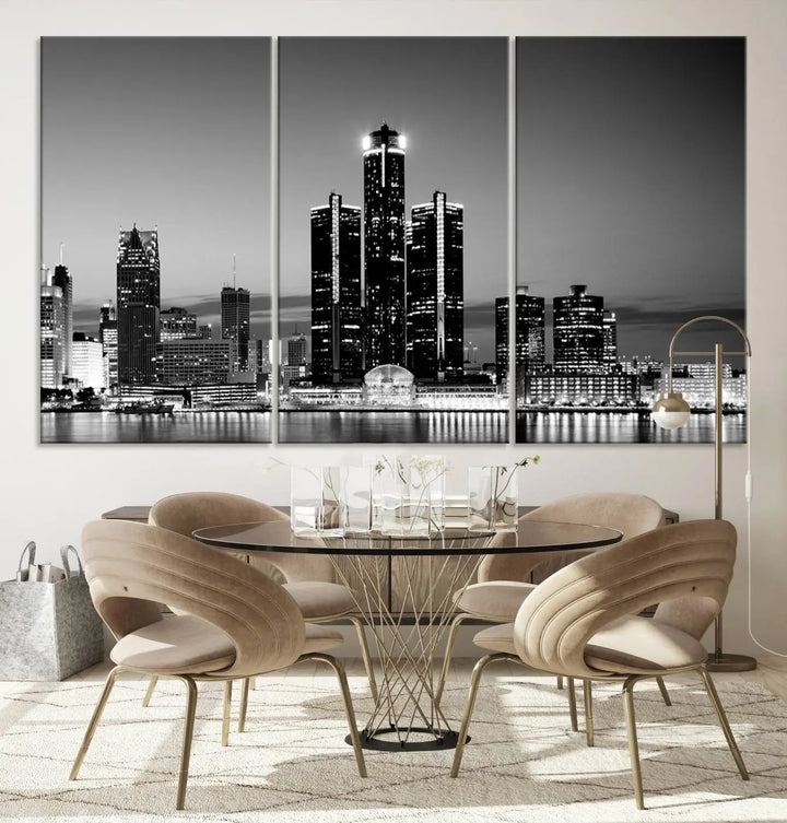 A modern living room showcases the Detroit City Lights Skyline Black and White Wall Art Cityscape Canvas Print on the wall, featuring museum-quality canvases crafted by professional artisans.