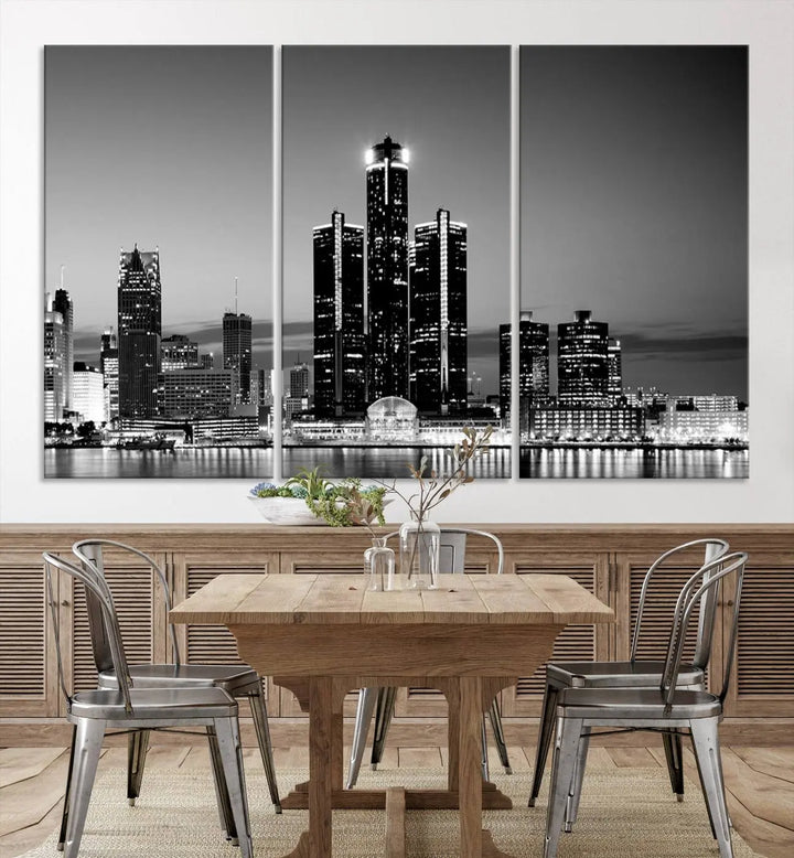 A modern living room showcases the Detroit City Lights Skyline Black and White Wall Art Cityscape Canvas Print on the wall, featuring museum-quality canvases crafted by professional artisans.