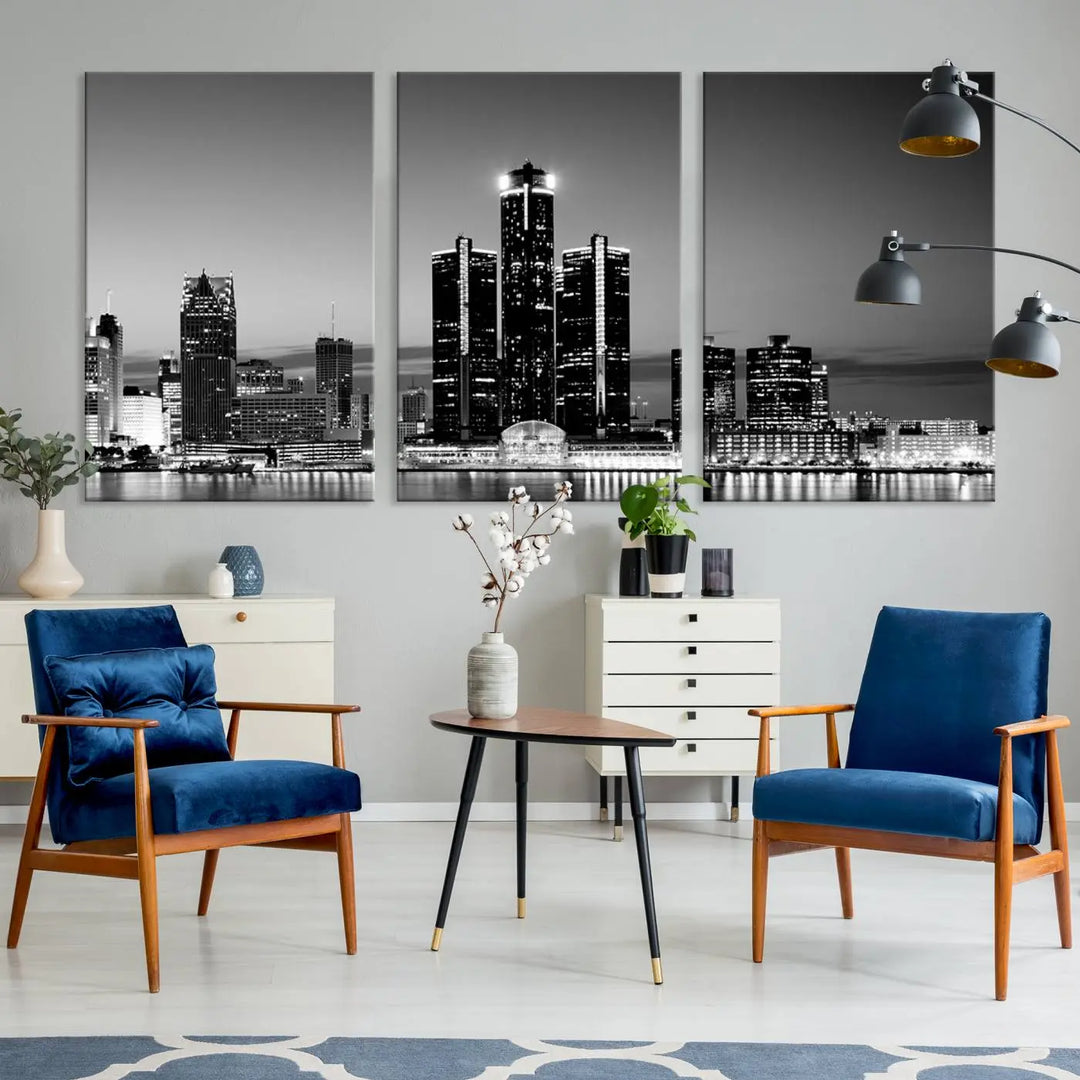 A modern living room showcases the Detroit City Lights Skyline Black and White Wall Art Cityscape Canvas Print on the wall, featuring museum-quality canvases crafted by professional artisans.