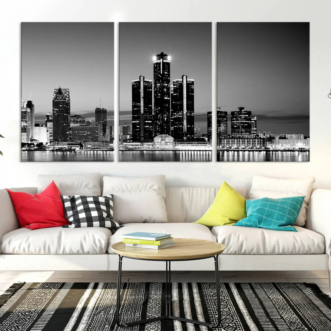 A modern living room showcases the Detroit City Lights Skyline Black and White Wall Art Cityscape Canvas Print on the wall, featuring museum-quality canvases crafted by professional artisans.