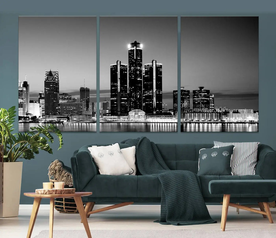 A modern living room showcases the Detroit City Lights Skyline Black and White Wall Art Cityscape Canvas Print on the wall, featuring museum-quality canvases crafted by professional artisans.