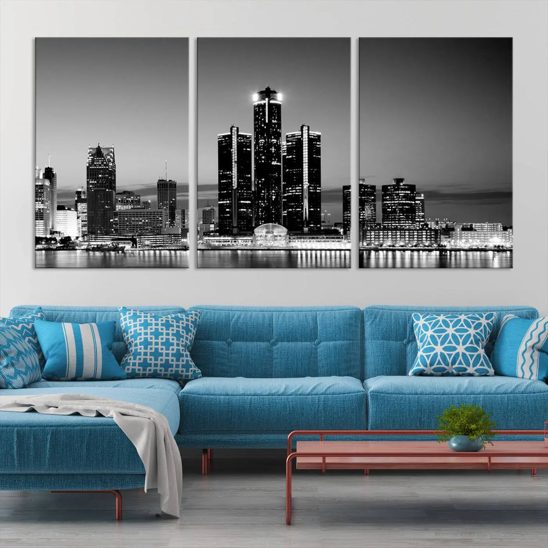 A modern living room showcases the Detroit City Lights Skyline Black and White Wall Art Cityscape Canvas Print on the wall, featuring museum-quality canvases crafted by professional artisans.