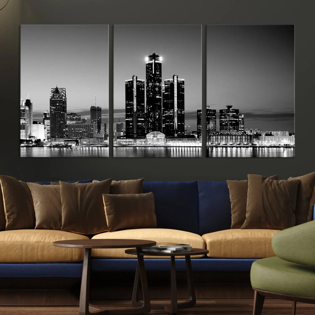 A modern living room showcases the Detroit City Lights Skyline Black and White Wall Art Cityscape Canvas Print on the wall, featuring museum-quality canvases crafted by professional artisans.