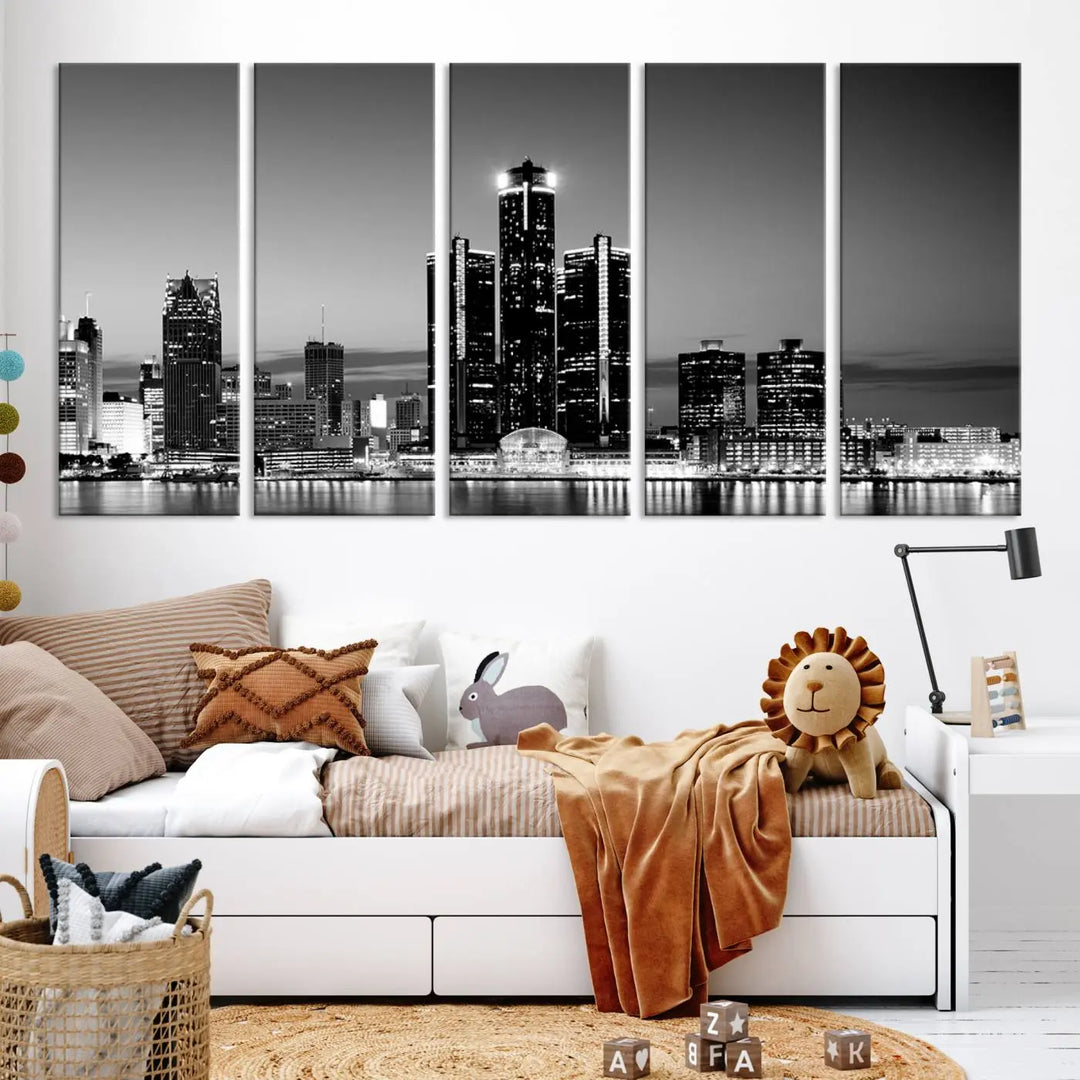 A modern living room showcases the Detroit City Lights Skyline Black and White Wall Art Cityscape Canvas Print on the wall, featuring museum-quality canvases crafted by professional artisans.