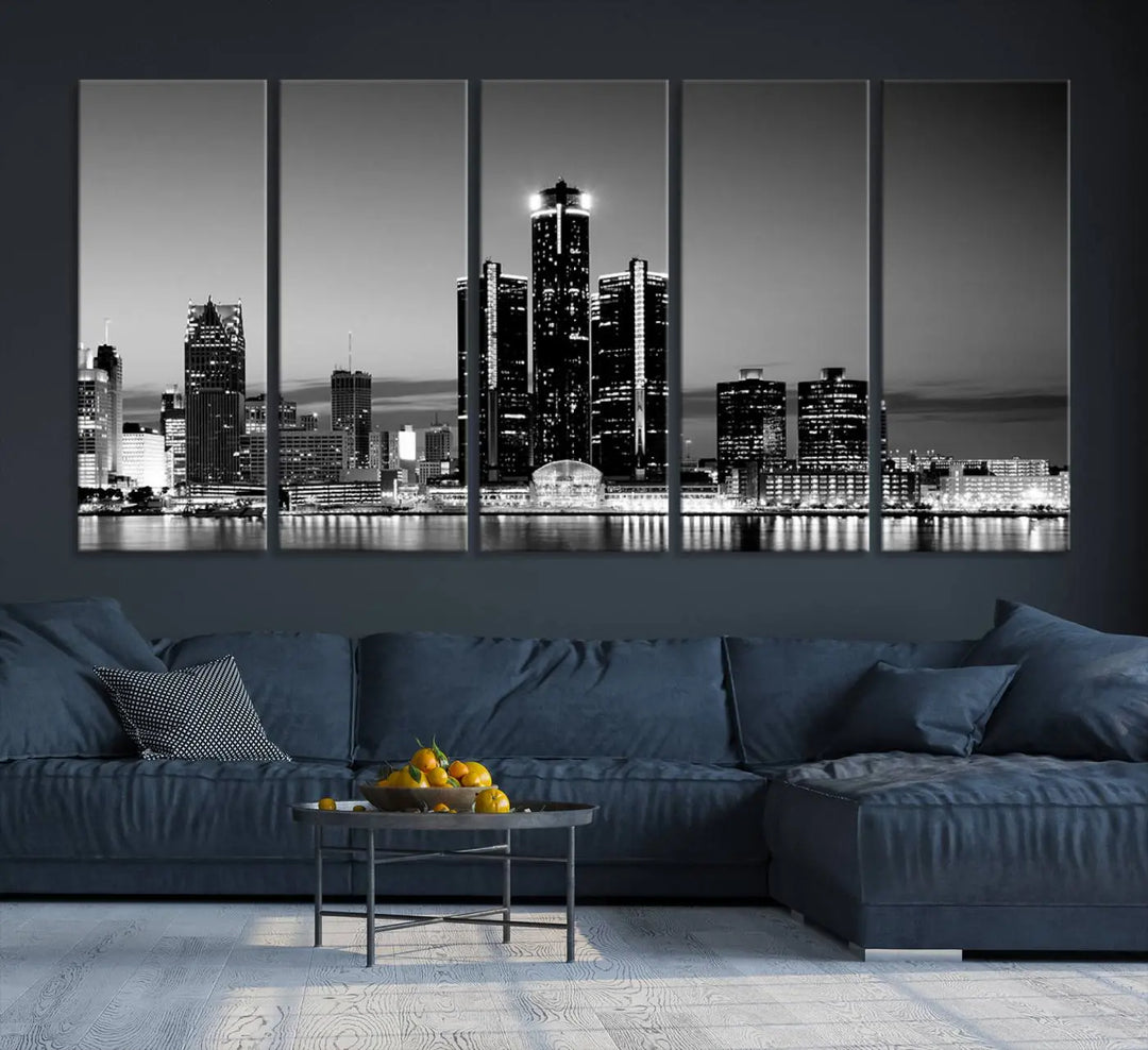 A modern living room showcases the Detroit City Lights Skyline Black and White Wall Art Cityscape Canvas Print on the wall, featuring museum-quality canvases crafted by professional artisans.