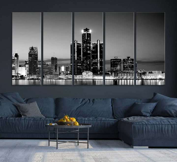 A modern living room showcases the Detroit City Lights Skyline Black and White Wall Art Cityscape Canvas Print on the wall, featuring museum-quality canvases crafted by professional artisans.