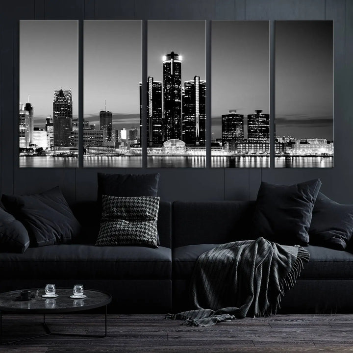 A modern living room showcases the Detroit City Lights Skyline Black and White Wall Art Cityscape Canvas Print on the wall, featuring museum-quality canvases crafted by professional artisans.