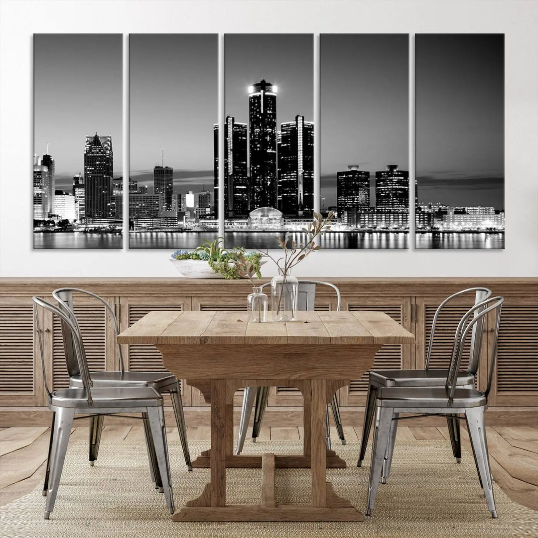 A modern living room showcases the Detroit City Lights Skyline Black and White Wall Art Cityscape Canvas Print on the wall, featuring museum-quality canvases crafted by professional artisans.