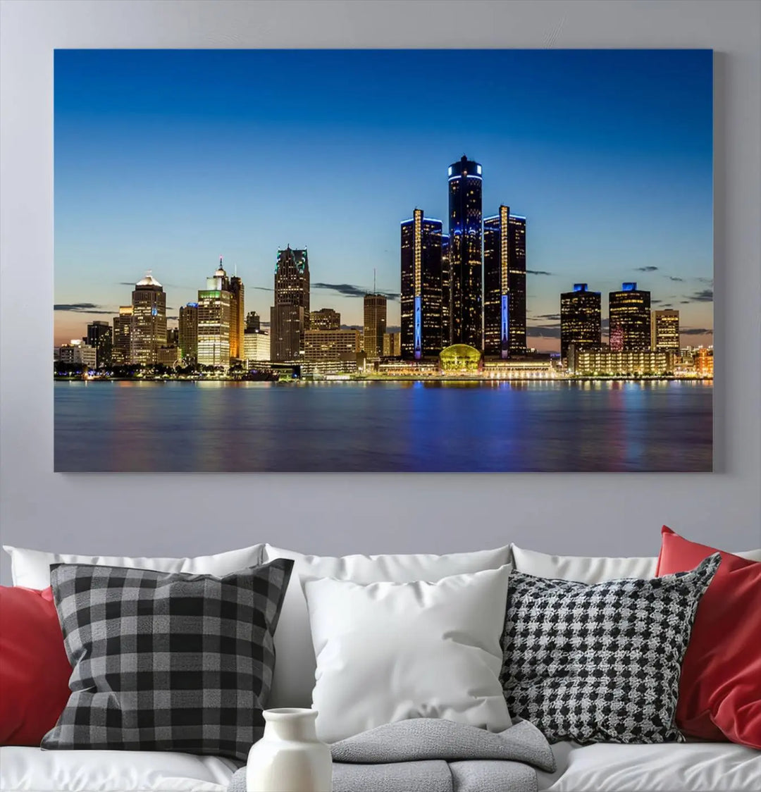 The "Detroit City Lights Sunrise Skyline Cityscape View Wall Art Canvas Print" on the wall is a triptych gallery-wrapped on museum-quality canvas, adding an elegant touch to the space.