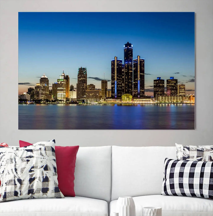 The "Detroit City Lights Sunrise Skyline Cityscape View Wall Art Canvas Print" on the wall is a triptych gallery-wrapped on museum-quality canvas, adding an elegant touch to the space.