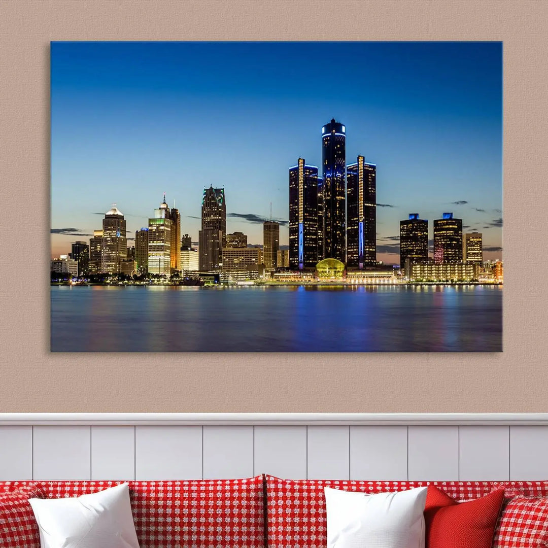 The "Detroit City Lights Sunrise Skyline Cityscape View Wall Art Canvas Print" on the wall is a triptych gallery-wrapped on museum-quality canvas, adding an elegant touch to the space.