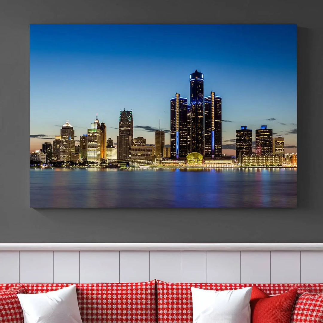 The "Detroit City Lights Sunrise Skyline Cityscape View Wall Art Canvas Print" on the wall is a triptych gallery-wrapped on museum-quality canvas, adding an elegant touch to the space.