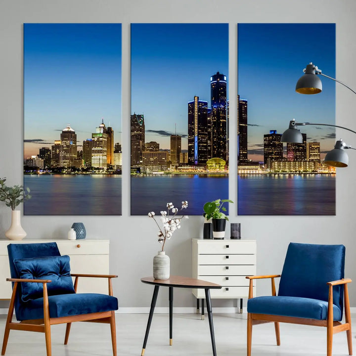 The "Detroit City Lights Sunrise Skyline Cityscape View Wall Art Canvas Print" on the wall is a triptych gallery-wrapped on museum-quality canvas, adding an elegant touch to the space.