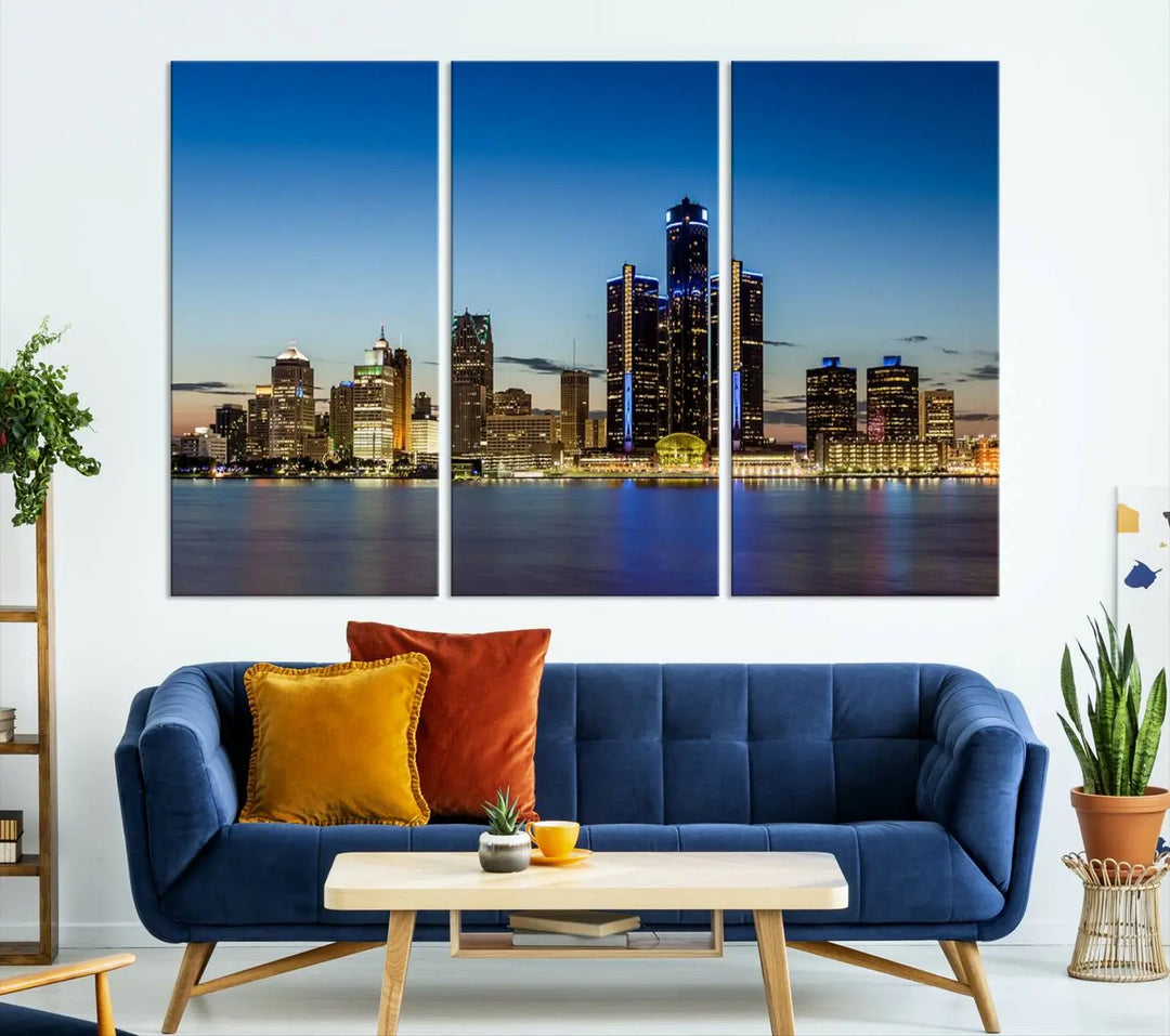 The "Detroit City Lights Sunrise Skyline Cityscape View Wall Art Canvas Print" on the wall is a triptych gallery-wrapped on museum-quality canvas, adding an elegant touch to the space.