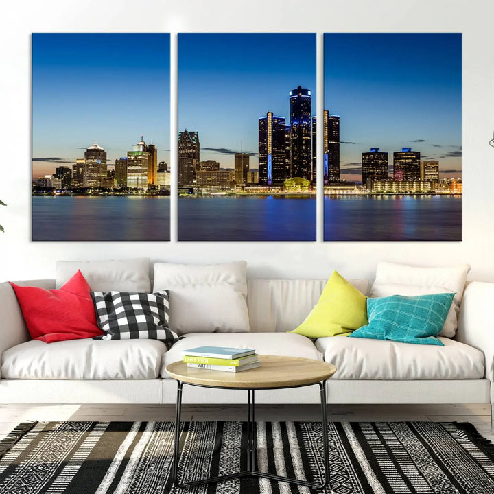 The "Detroit City Lights Sunrise Skyline Cityscape View Wall Art Canvas Print" on the wall is a triptych gallery-wrapped on museum-quality canvas, adding an elegant touch to the space.