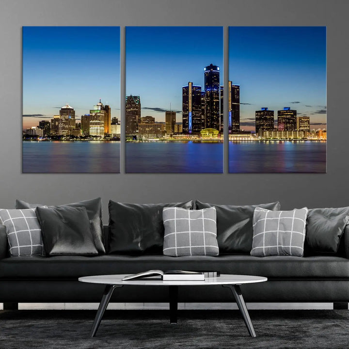 The "Detroit City Lights Sunrise Skyline Cityscape View Wall Art Canvas Print" on the wall is a triptych gallery-wrapped on museum-quality canvas, adding an elegant touch to the space.