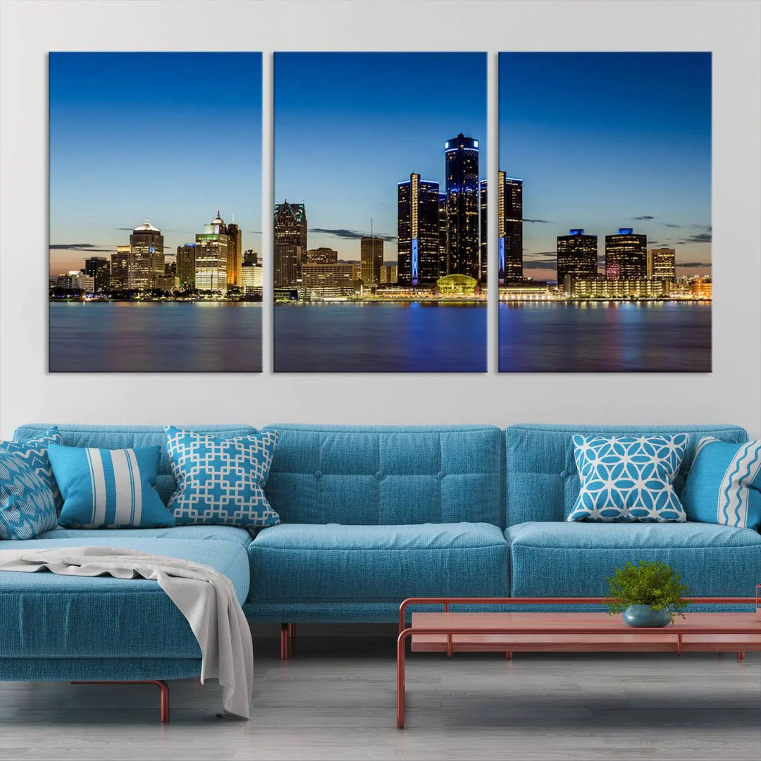 The "Detroit City Lights Sunrise Skyline Cityscape View Wall Art Canvas Print" on the wall is a triptych gallery-wrapped on museum-quality canvas, adding an elegant touch to the space.