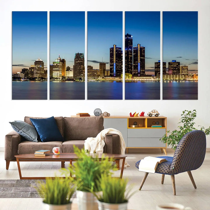 The "Detroit City Lights Sunrise Skyline Cityscape View Wall Art Canvas Print" on the wall is a triptych gallery-wrapped on museum-quality canvas, adding an elegant touch to the space.