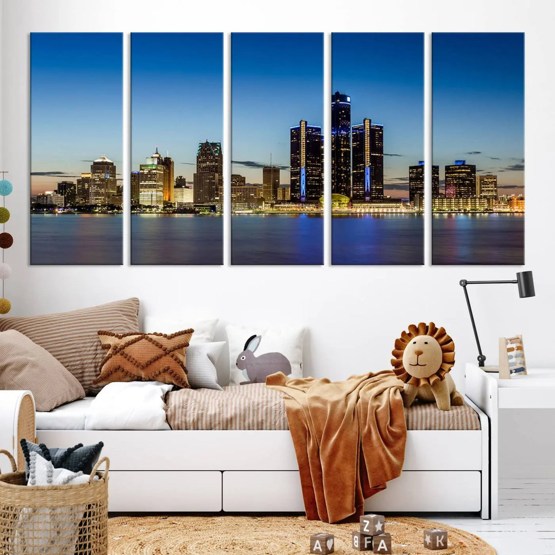 The "Detroit City Lights Sunrise Skyline Cityscape View Wall Art Canvas Print" on the wall is a triptych gallery-wrapped on museum-quality canvas, adding an elegant touch to the space.