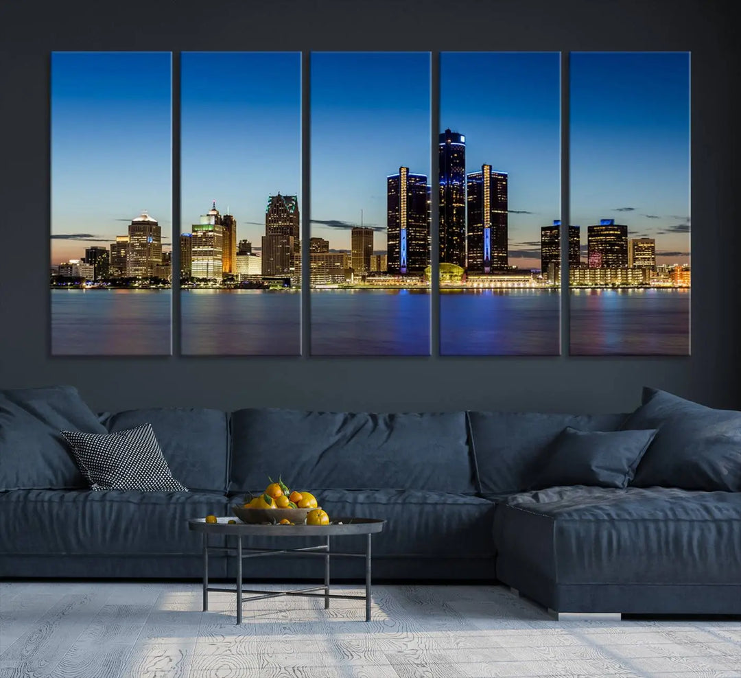 The "Detroit City Lights Sunrise Skyline Cityscape View Wall Art Canvas Print" on the wall is a triptych gallery-wrapped on museum-quality canvas, adding an elegant touch to the space.