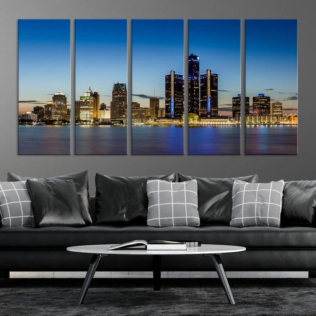 The "Detroit City Lights Sunrise Skyline Cityscape View Wall Art Canvas Print" on the wall is a triptych gallery-wrapped on museum-quality canvas, adding an elegant touch to the space.