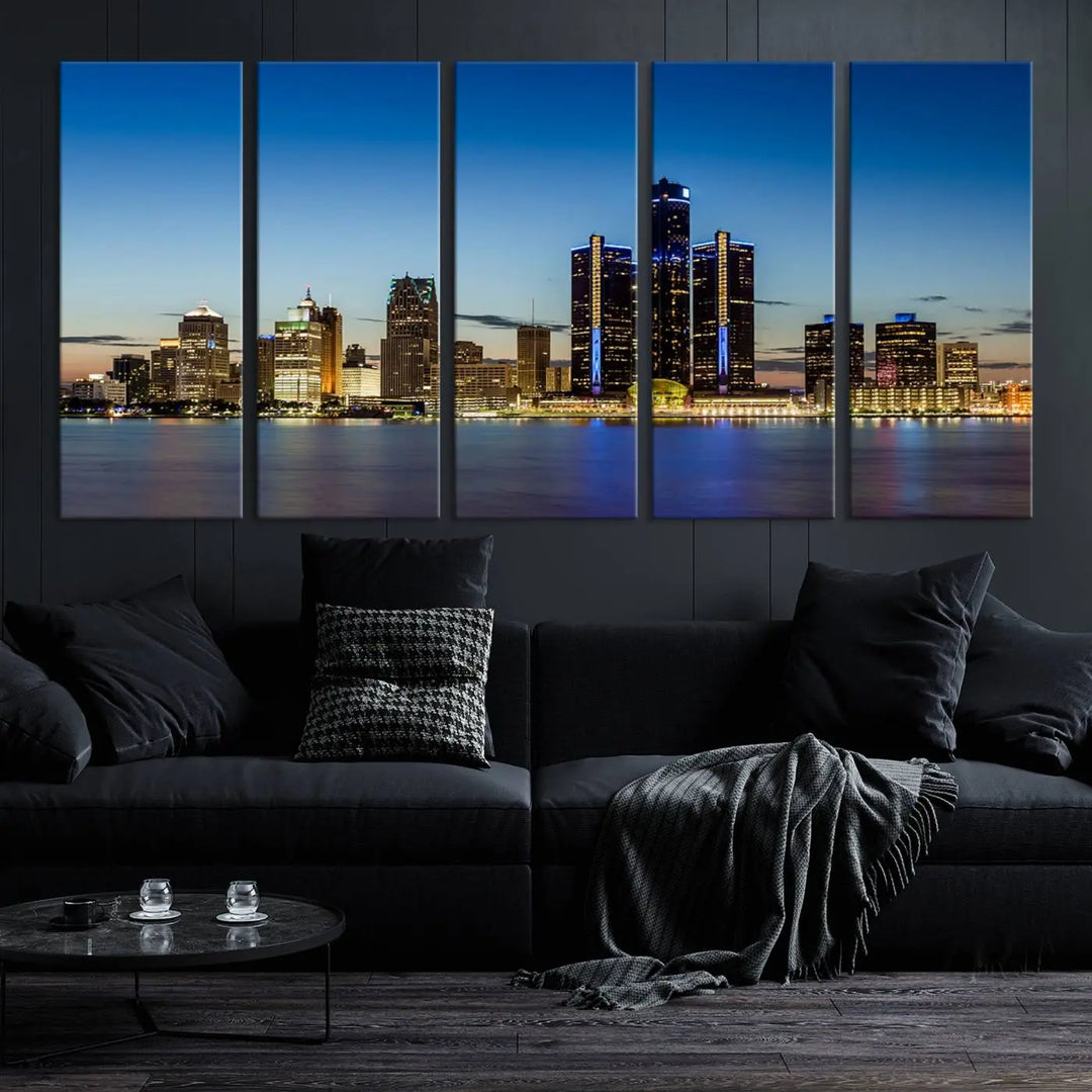 The "Detroit City Lights Sunrise Skyline Cityscape View Wall Art Canvas Print" on the wall is a triptych gallery-wrapped on museum-quality canvas, adding an elegant touch to the space.