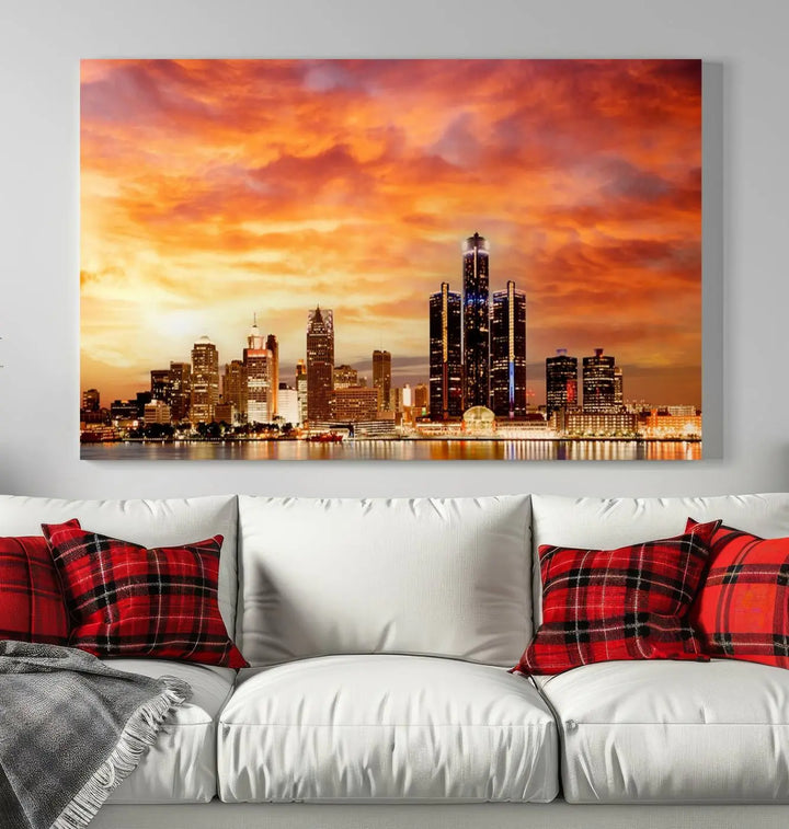 The "Detroit City Lights Sunset Orange Cloudy Skyline Cityscape View Wall Art Canvas Print" presents a stunning city skyline at sunset, divided into three panels. It features warm orange and pink clouds on museum-quality canvas and includes a UV-protective coating for enhanced durability and vibrant colors.