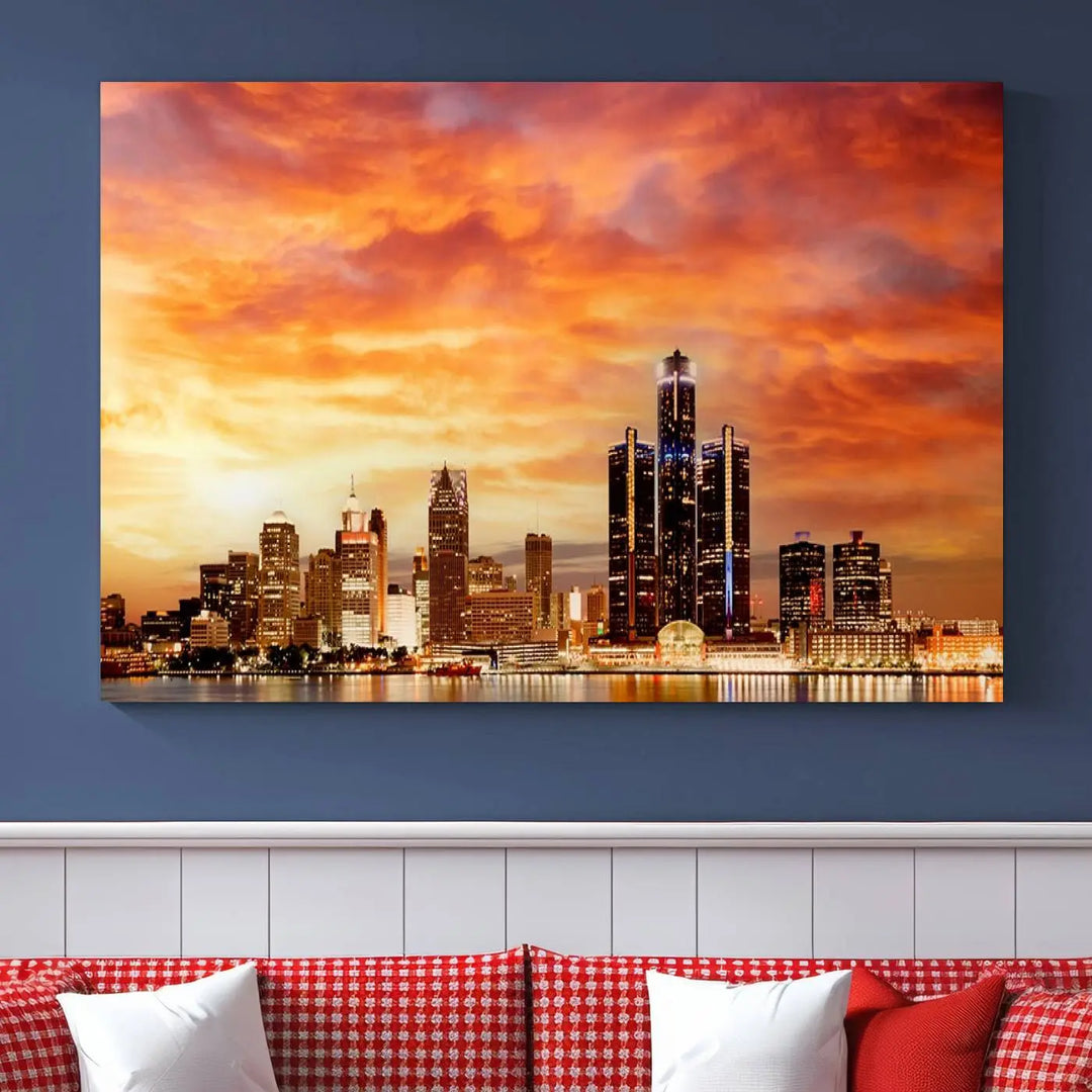 The "Detroit City Lights Sunset Orange Cloudy Skyline Cityscape View Wall Art Canvas Print" presents a stunning city skyline at sunset, divided into three panels. It features warm orange and pink clouds on museum-quality canvas and includes a UV-protective coating for enhanced durability and vibrant colors.