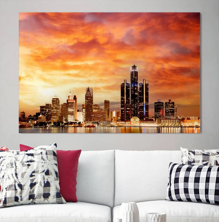 The "Detroit City Lights Sunset Orange Cloudy Skyline Cityscape View Wall Art Canvas Print" presents a stunning city skyline at sunset, divided into three panels. It features warm orange and pink clouds on museum-quality canvas and includes a UV-protective coating for enhanced durability and vibrant colors.