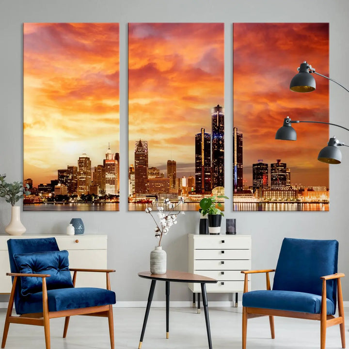 The "Detroit City Lights Sunset Orange Cloudy Skyline Cityscape View Wall Art Canvas Print" presents a stunning city skyline at sunset, divided into three panels. It features warm orange and pink clouds on museum-quality canvas and includes a UV-protective coating for enhanced durability and vibrant colors.