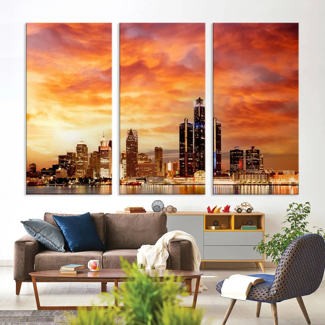 The "Detroit City Lights Sunset Orange Cloudy Skyline Cityscape View Wall Art Canvas Print" presents a stunning city skyline at sunset, divided into three panels. It features warm orange and pink clouds on museum-quality canvas and includes a UV-protective coating for enhanced durability and vibrant colors.