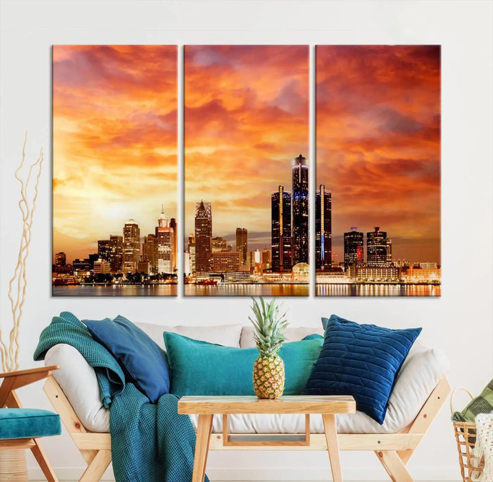 The "Detroit City Lights Sunset Orange Cloudy Skyline Cityscape View Wall Art Canvas Print" presents a stunning city skyline at sunset, divided into three panels. It features warm orange and pink clouds on museum-quality canvas and includes a UV-protective coating for enhanced durability and vibrant colors.