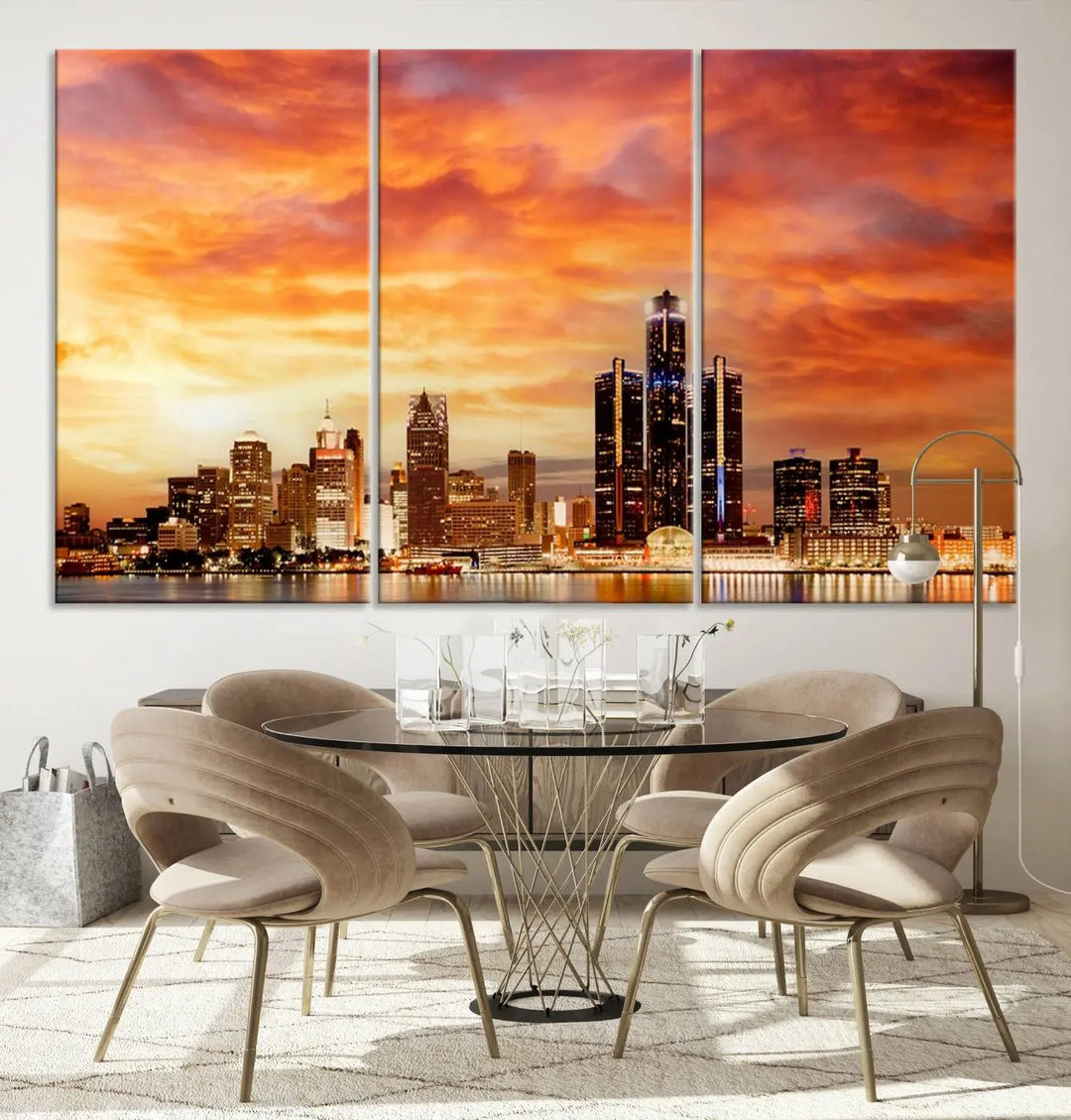 The "Detroit City Lights Sunset Orange Cloudy Skyline Cityscape View Wall Art Canvas Print" presents a stunning city skyline at sunset, divided into three panels. It features warm orange and pink clouds on museum-quality canvas and includes a UV-protective coating for enhanced durability and vibrant colors.