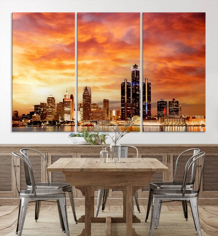 The "Detroit City Lights Sunset Orange Cloudy Skyline Cityscape View Wall Art Canvas Print" presents a stunning city skyline at sunset, divided into three panels. It features warm orange and pink clouds on museum-quality canvas and includes a UV-protective coating for enhanced durability and vibrant colors.