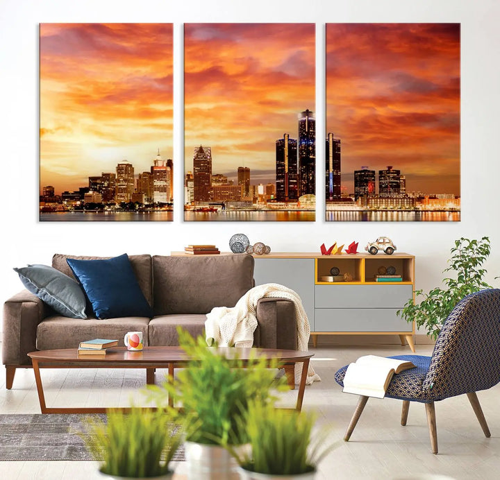 The "Detroit City Lights Sunset Orange Cloudy Skyline Cityscape View Wall Art Canvas Print" presents a stunning city skyline at sunset, divided into three panels. It features warm orange and pink clouds on museum-quality canvas and includes a UV-protective coating for enhanced durability and vibrant colors.