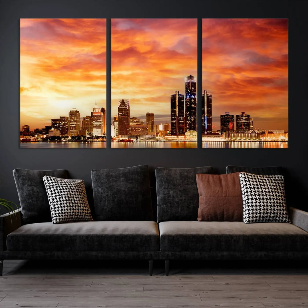 The "Detroit City Lights Sunset Orange Cloudy Skyline Cityscape View Wall Art Canvas Print" presents a stunning city skyline at sunset, divided into three panels. It features warm orange and pink clouds on museum-quality canvas and includes a UV-protective coating for enhanced durability and vibrant colors.