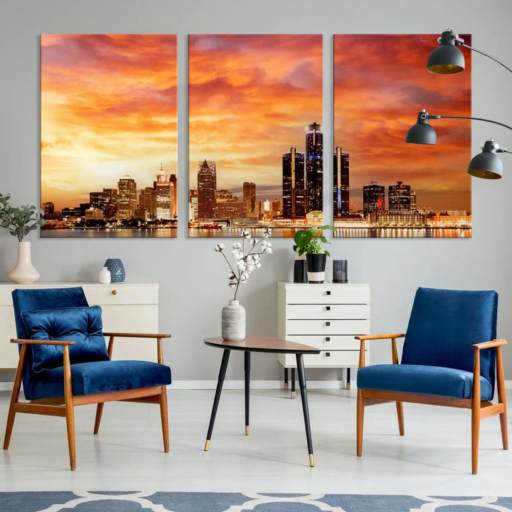 The "Detroit City Lights Sunset Orange Cloudy Skyline Cityscape View Wall Art Canvas Print" presents a stunning city skyline at sunset, divided into three panels. It features warm orange and pink clouds on museum-quality canvas and includes a UV-protective coating for enhanced durability and vibrant colors.